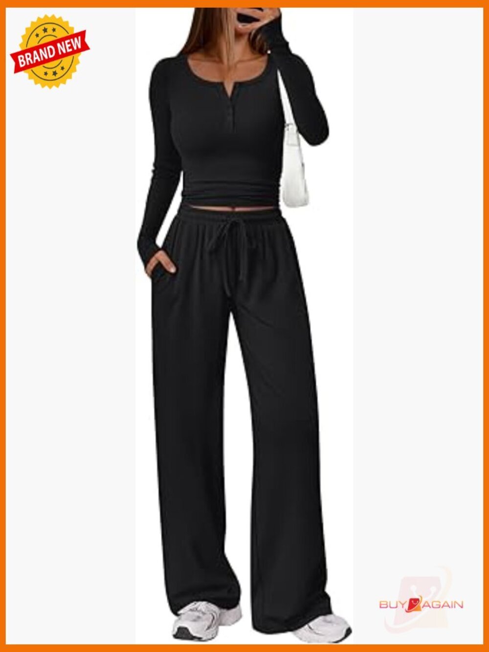 2 Piece Lounge Set Long Sleeve Henley Crop Top Wide Leg Pants Sweat Suit
